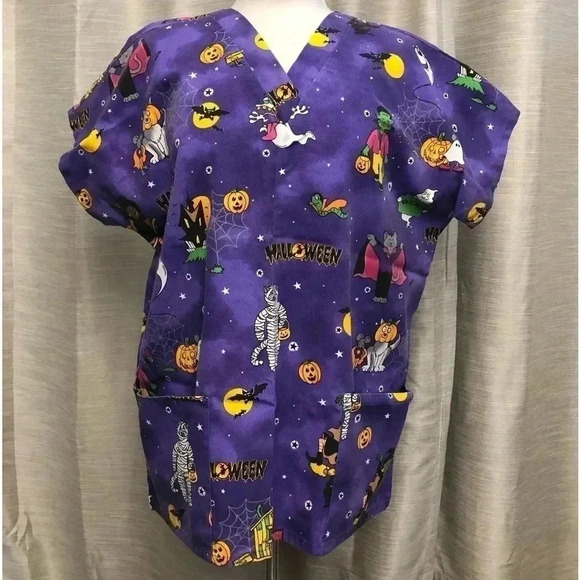 Simply Basic Purple Halloween Scrub Top | Size L - Picture 1 of 7